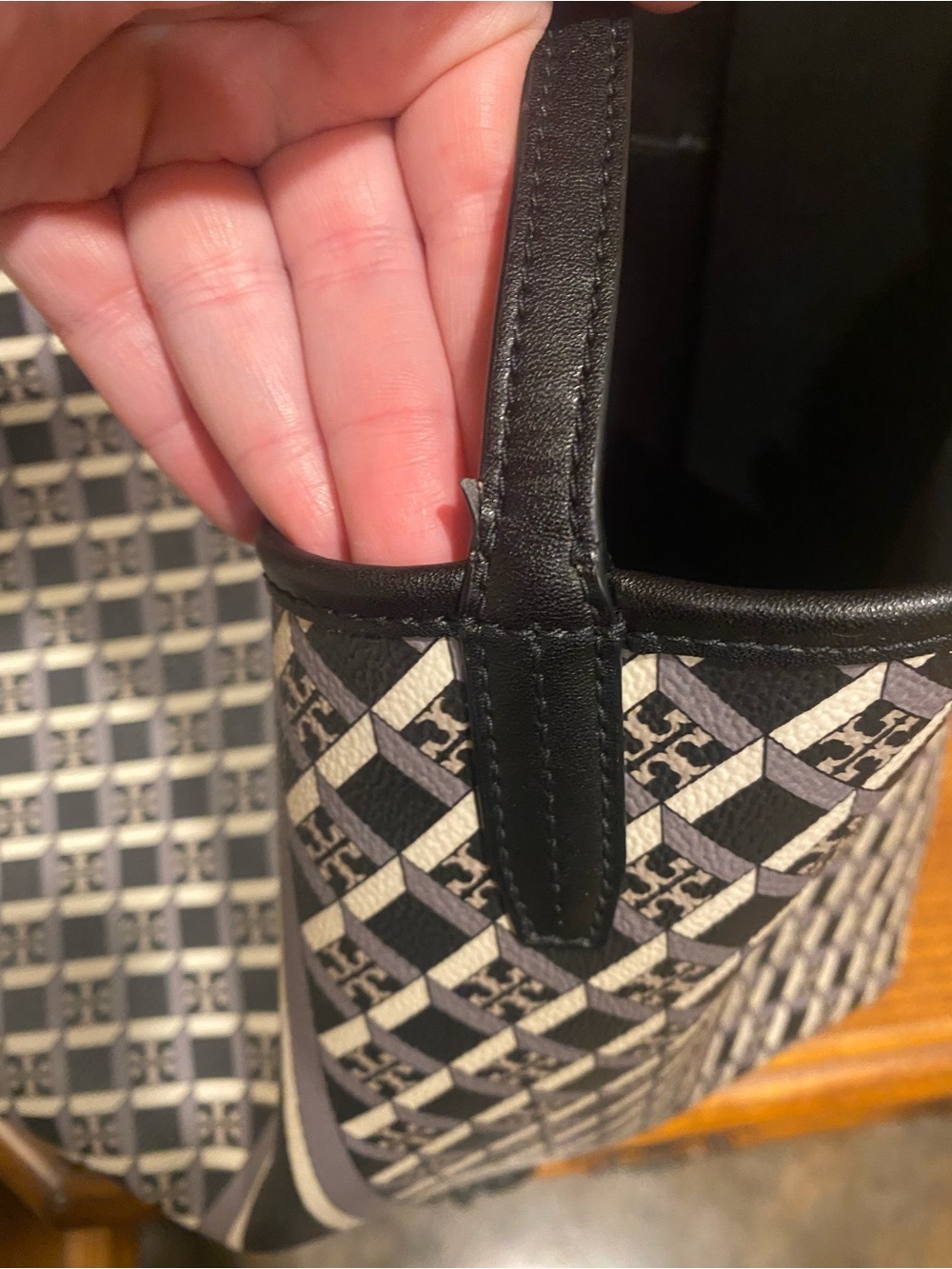 Tory Burch Black, Gray and Cream Monogram Stripe Tote - Picture 6 of 7